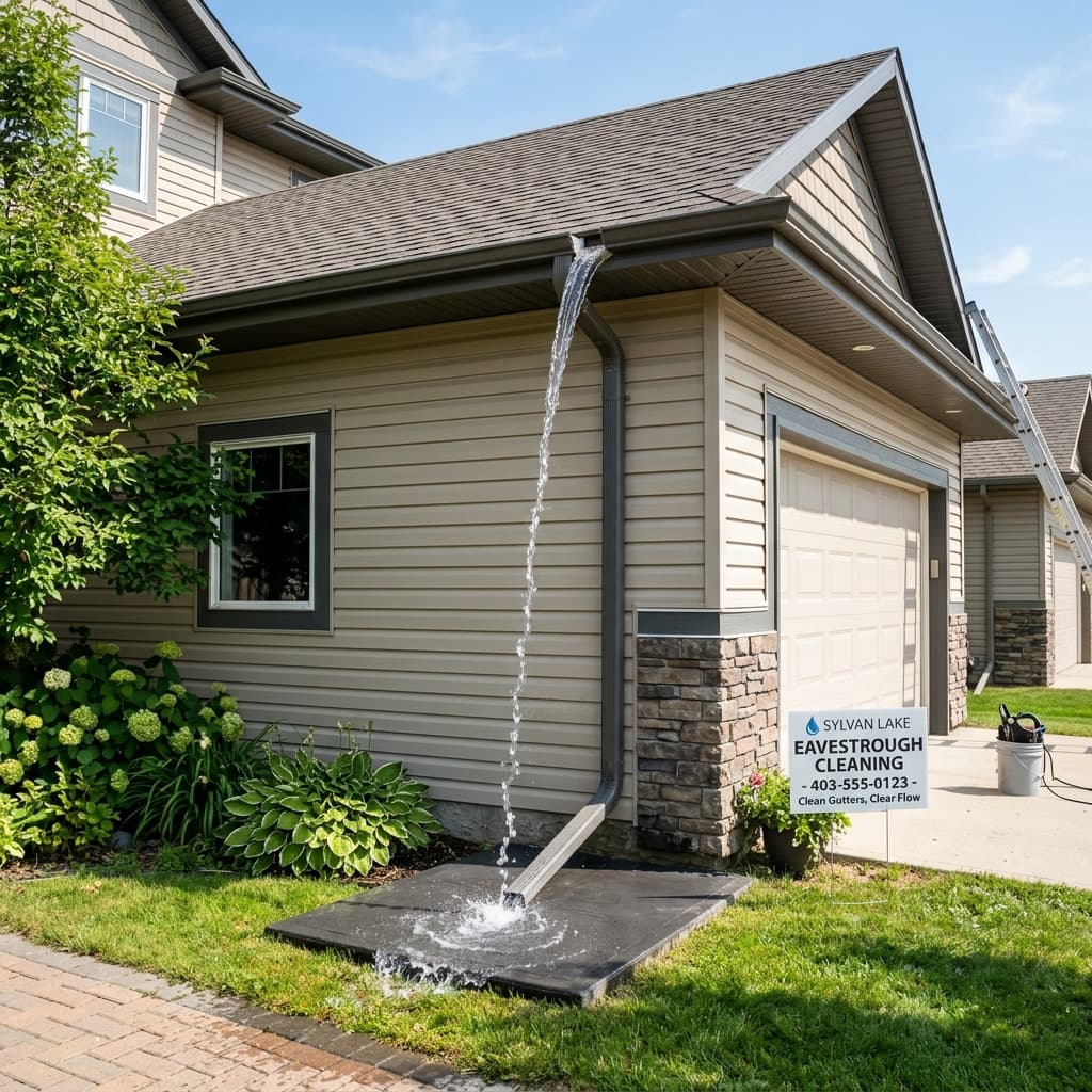 Residential eavestrough cleaning and downspout water flushing in Sylvan Lake Alberta