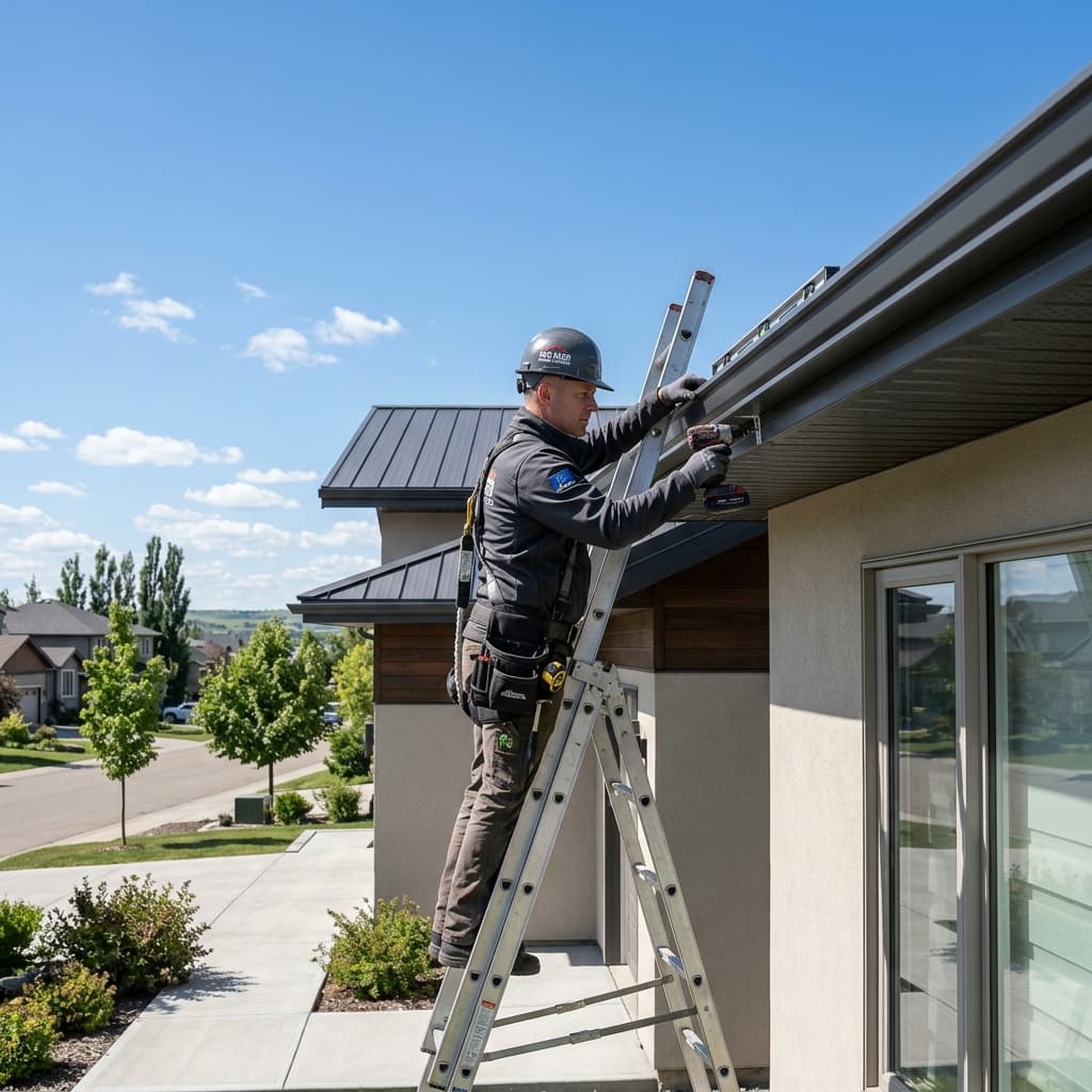 Continuous 5 inch seamless eavestrough installation on modern home roofline in Red Deer Alberta
