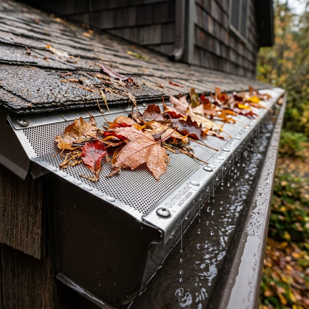 Aluminum micro-mesh leaf guard eavestrough screen installation in Blackfalds Alberta