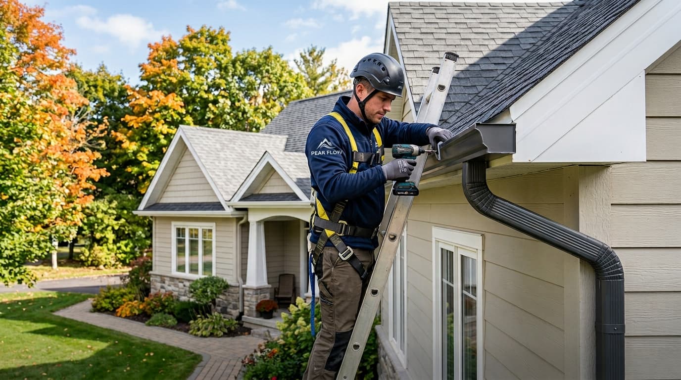 Professional eavestrough installation and cleaning technician working on seamless gutters in Red Deer Alberta