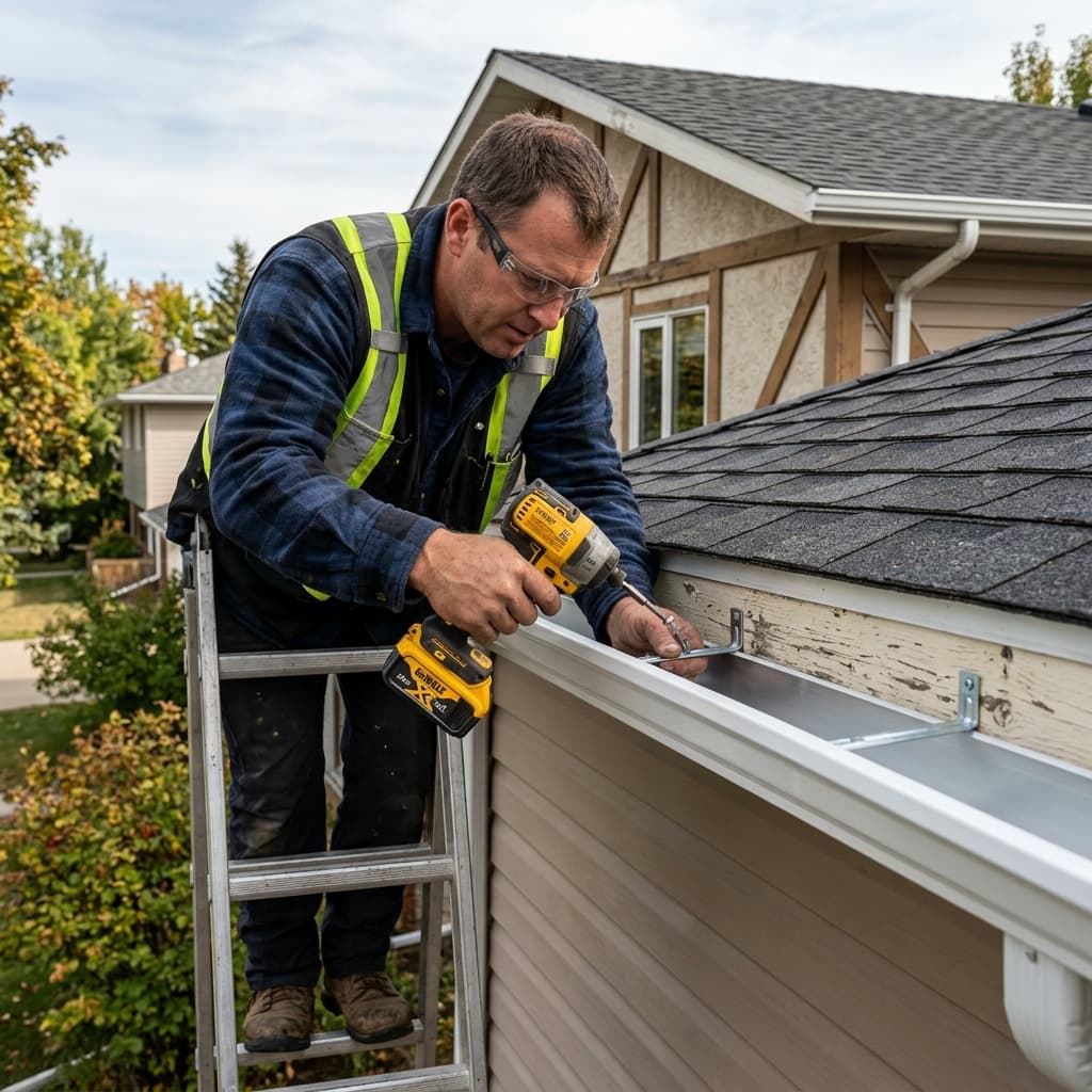 Eavestrough re-sloping and hanger repair on residential roofline in Lacombe Alberta