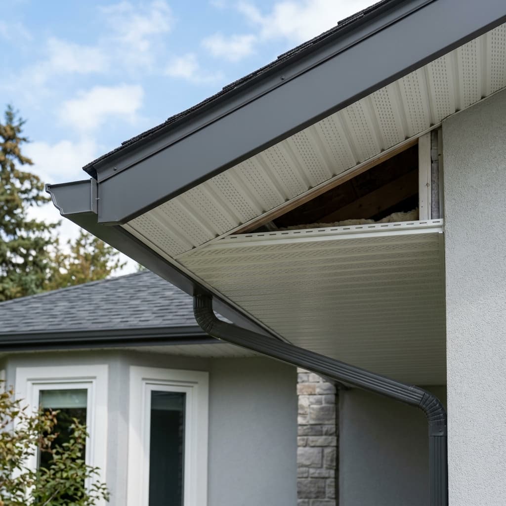 Rotten fascia board repair and custom soffit aluminum eavestrough installation in Innisfail Alberta